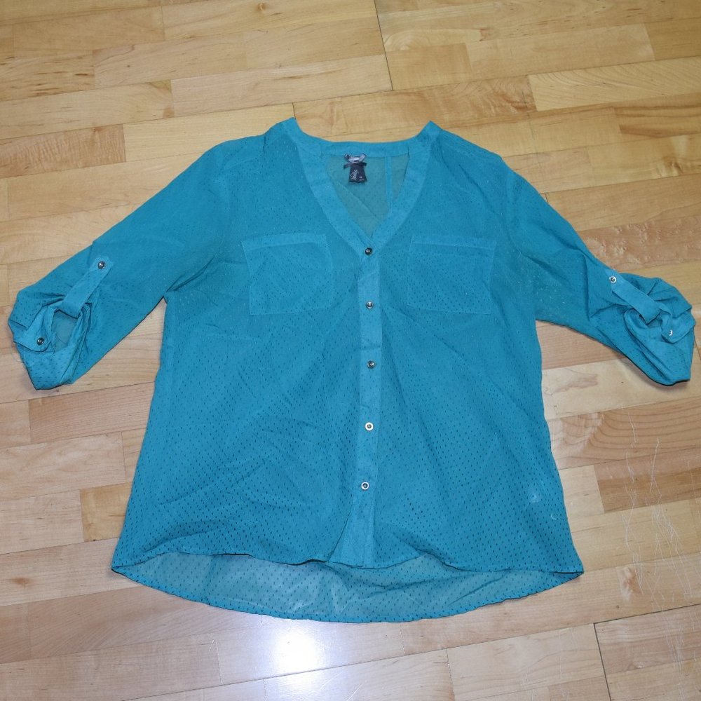 VANITY Women's Sz M Teal Chiffon BLOUSE